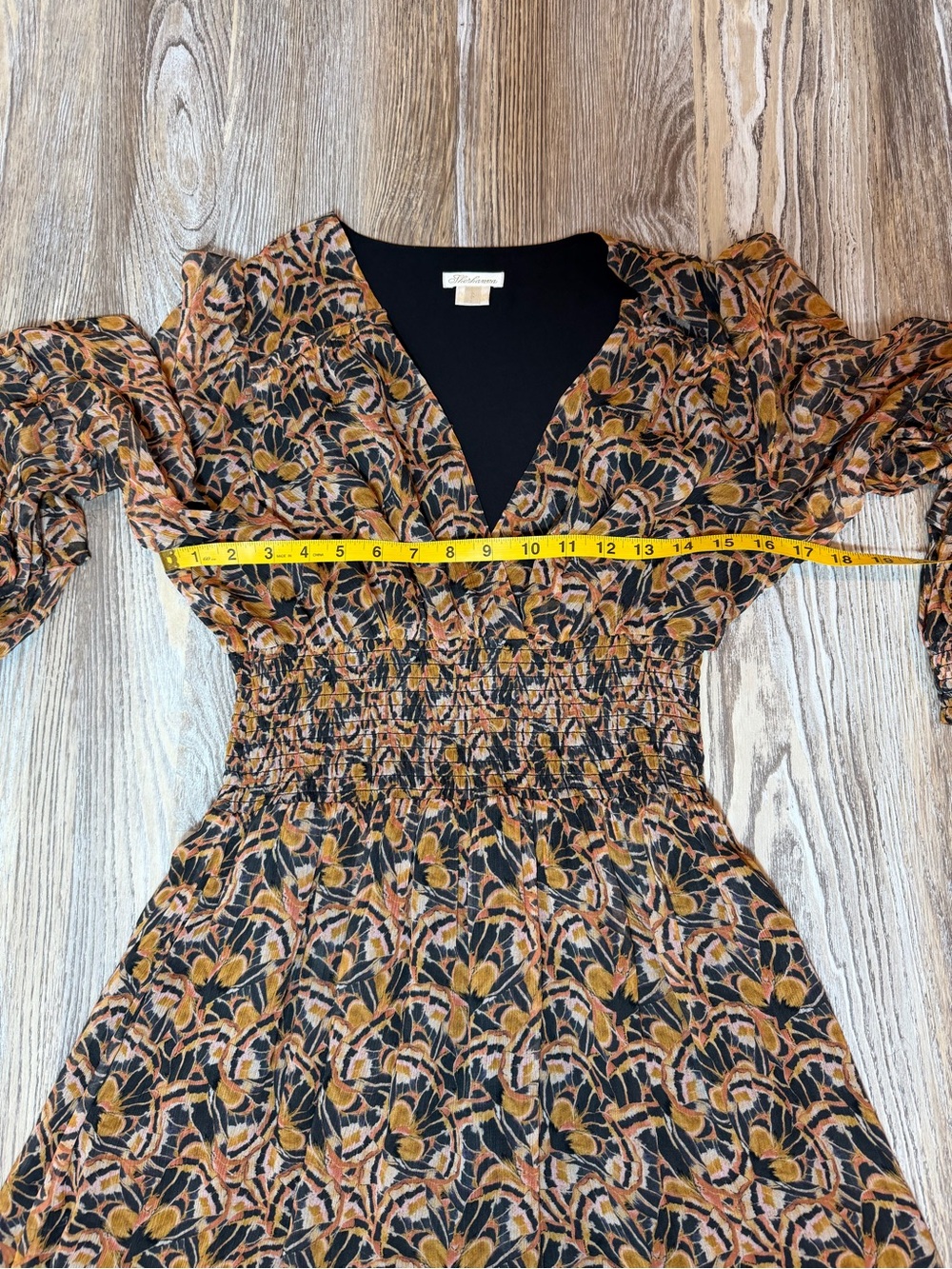 Shoshanna Smocked Waist Black/Brown Floral V-Neck Dress Long Sleeve Size 8 - Picture 8 of 10